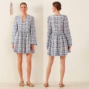 NEW Alix of Bohemia Silvie Iris Ivy Flared Sleeve Cotton Mini Dress Blue Size: M